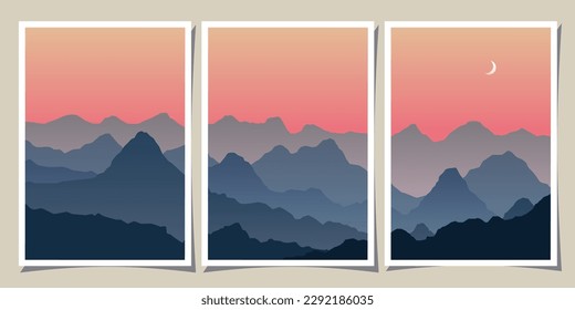 Set of abstract mountain landscape and mountain range backgrounds. Minimalist posters with gradient for print, canvas, wall arts, decoration.