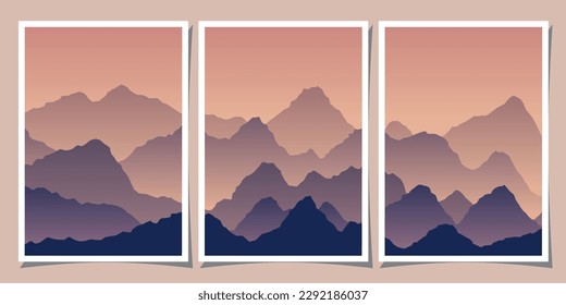 Set of abstract mountain landscape and mountain range backgrounds. Minimalist posters with gradient for print, canvas, wall arts, decoration.