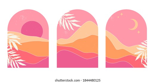 Set of abstract mountain landscapes in arches at sunset with sun and moon in aesthetic minimalist mid century style in pink and sand colors. Background for social media or print.