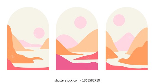 Set of abstract mountain landscapes in arches in an aesthetic trending mid-century minimalist style in soft pinks and sands. Landscape with mountains, river, sun and moon in boho style.