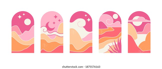 Set of Abstract Mountain Landscapes in the Arches. Vector illustration in an aesthetic, minimalist mid century modern style in pink, sand tones.