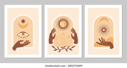 Set of abstract mountain landscapes in arches with sunset,  sun, moon, hand, leaf,gem in aesthetic, minimalist mid century style in natural earthy tones, terracotta, beige. Bohemian style wall decor.