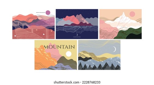 Set of abstract mountain landscapes. Minimalistic banners with rocks, wavy lines, sun and moon. Nature and environment. Cover design. Cartoon flat vector collection isolated on white background