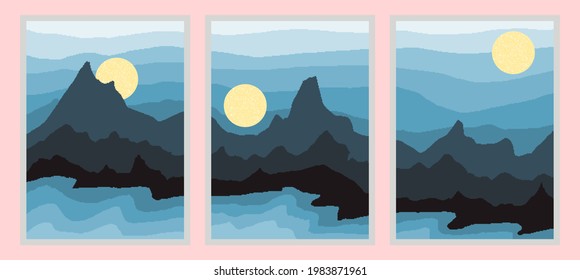 Set of abstract mountain painting. abstract art background. Premium Vectors