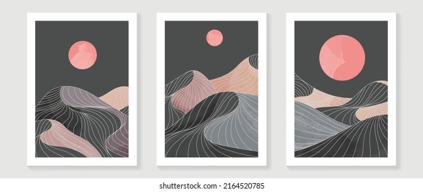 Set of abstract mountain wall art template. Line art, hills, lines, moon, sun, hand drawn mountains, desert. Collection of landscape wall decoration perfect for decorative, interior, prints, banner.