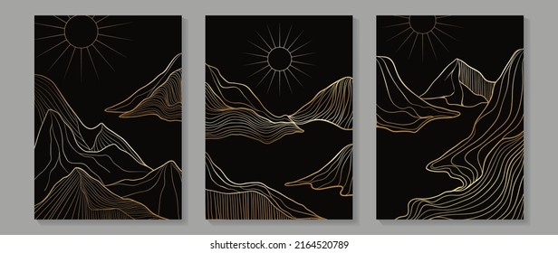 Set of abstract mountain wall art template. Elegant line art, hills, gold lines, moon on dark background. Collection of landscape wall decoration perfect for decorative, interior, prints, banner.