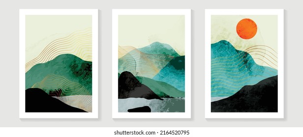 Set of abstract mountain wall art template. Elegant line art, hills, gold line, sun, river, watercolor texture. Collection of luxury wall decoration perfect for decorative, interior, prints, banner.