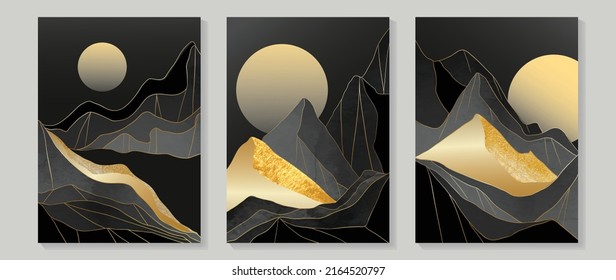 Set of abstract mountain wall art template. Elegant line art, hills, lines, moon, and gold foil texture. Collection of landscape wall decoration perfect for decorative, interior, prints, banner.