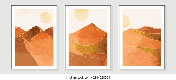 Set of abstract mountain wall art template. Line art, hills, gold lines, sun, sand mountains, desert. Collection of luxury landscape wall decoration perfect for decorative, interior, prints, banner.