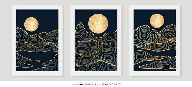 Set of abstract mountain wall art template. Elegant line art, hills, gold lines, moon, watercolor texture. Collection of landscape wall decoration perfect for decorative, interior, prints, banner.