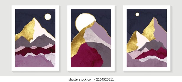 Set of abstract mountain wall art template. Sun, moon, hills, lines, watercolor, gold foil texture. Collection of luxury landscape wall decoration perfect for decorative, interior, prints, banner.
