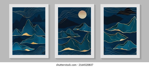 Set of abstract mountain wall art template. Line art, hills, lines, moon, watercolor texture in night time. Collection of landscape wall decoration perfect for decorative, interior, prints, banner.