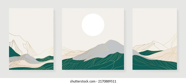 Set of abstract mountain wall art vector. Hills, panorama view, line mountains, sunset in line art. Collection of luxury landscape wall decoration perfect for decorative, interior, prints, banner.