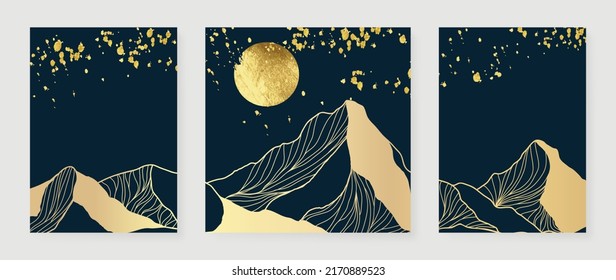 Set of abstract mountain wall art vector. Hills, panorama view, line mountains, sunset in line art. Collection of luxury landscape wall decoration perfect for decorative, interior, prints, banner.