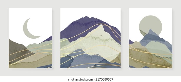Set of abstract mountain wall art vector. Hills, panorama view, line mountains, sunset in line art. Collection of luxury landscape wall decoration perfect for decorative, interior, prints, banner.