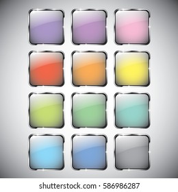 Set of abstract multi color rounded square backgrounds with a silver frame, with space for your text. Vector illustration.