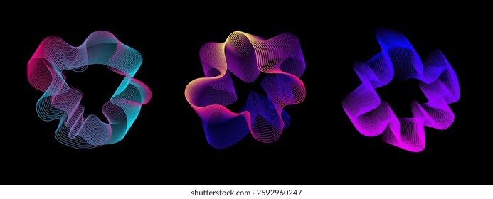 A set of abstract multi -colored neon sound waves. Sound lines, radial spectrum. A colorful cover for a musical poster and a banner. Radial spectrum vector.