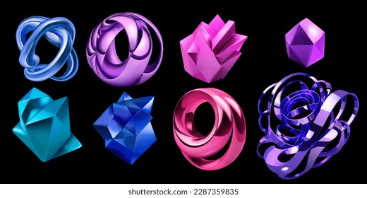 Set of abstract multicolored 3d shapes on a black background
