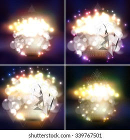Set of abstract multicolored backgrounds with bokeh lights and stars. Vector 3D pyramids, scientific or digital design, science vector illustration.