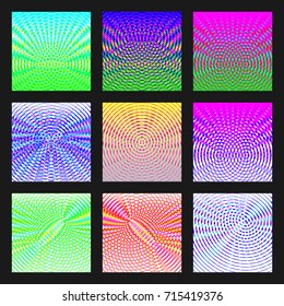 Set of abstract multicolored backgrounds of halftone lines. Bright fashion design backdrops. Vector illustration.