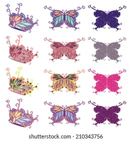 Set of abstract multicolored butterflies on white background.