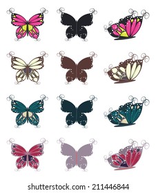 Set of abstract multicolored butterflies on white background.