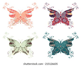 Set of abstract multicolored butterflies on white background.
