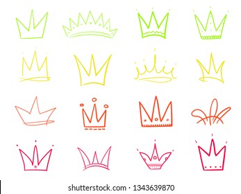 Set of abstract multicolored crowns on isolated white. Signs for design. Hand drawn simple objects. Line art. Colorful illustration. Sketchy elements for posters and flyers