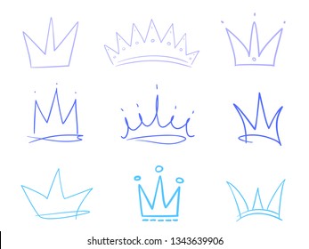 Set of abstract multicolored crowns on isolated white. Signs for design. Hand drawn simple objects. Line art. Colorful illustration. Sketchy elements for posters and flyers