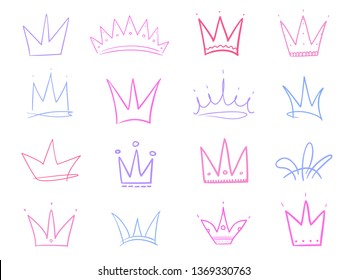 Set of abstract multicolored crowns on isolated white. Signs for design. Hand drawn simple objects. Colorful illustration. Sketchy elements