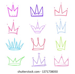 Set of abstract multicolored crowns on isolated white. Signs for design. Hand drawn simple objects. Line art. Colorful illustration. Sketchy elements