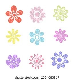 A set of abstract multicolored hand-drawn flowers isolated on a white background, vector, doodle. A decorative blooming element for a holiday, decoration, design, decoration. A beautiful spring flower