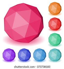 Set of abstract multicolored low polygonal sphere made of triangular faces with shadow