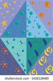 Set of abstract multicolored patterns with stars, sun, space, bananas, pears, hearts, geometric shapes, flowers
