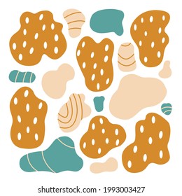 Set of abstract multicolored spots with dots and stripes of different shapes in a flat style isolated on a white background. Vector illustration. Collection of abstract shapes.