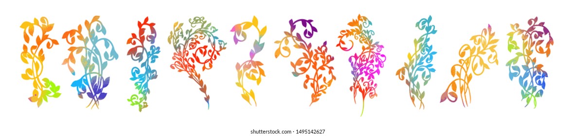 Set of abstract multicolored twigs. Colorful floral abstraction. Vector illustration