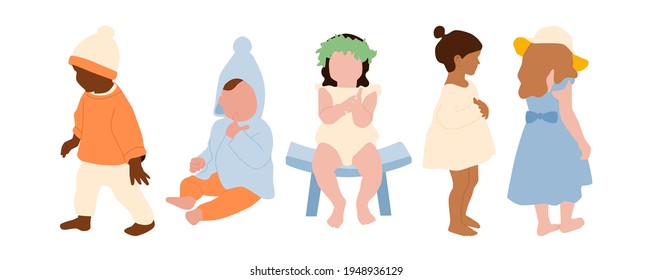 Un conjunto de niños abstractos multiétnicos. Una colección de retratos brillantes sin rostro. Ilustración vectorial minimalista aislada en un fondo blanco.