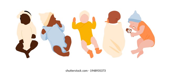 A set of abstract multi-ethnic newborns. A collection of faceless bright portrait babies. Minimalistic vector illustration isolated on a white background.