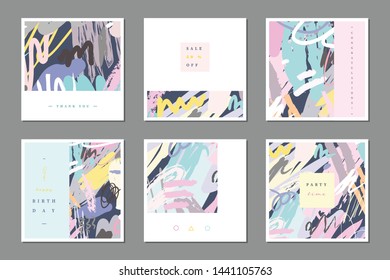 Set of abstract multipurpose card template. Beautiful art painting with hand drawing element for social media banner, thank you and greeting card. Cute card template. Vector illustration. 