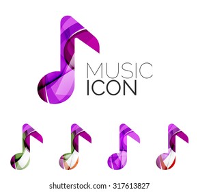 Set of abstract music note icon, business logotype concepts, clean modern geometric design. Created with transparent abstract wave lines
