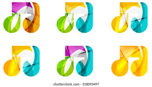 Set of abstract music note icon, business logotype concepts, clean modern geometric design. Created with transparent abstract wave lines
