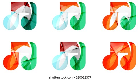 Set of abstract music note icon, business logotype concepts, clean modern geometric design. Created with transparent abstract wave lines