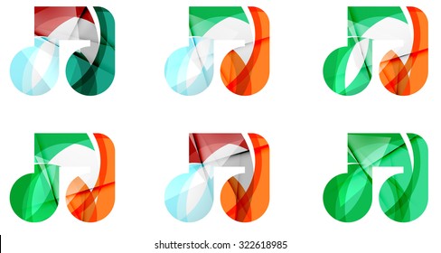 Set of abstract music note icon, business logotype concepts, clean modern geometric design. Created with transparent abstract wave lines