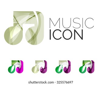 Set of abstract music note icon, business logotype concepts, clean modern geometric design. Created with transparent abstract wave lines