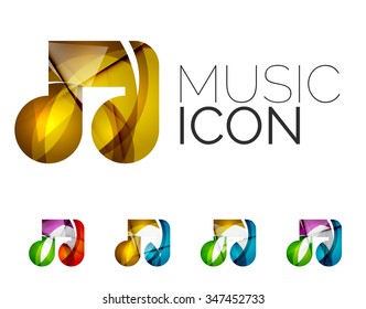 Set of abstract music note icon, business logotype concepts, clean modern geometric design. Created with transparent abstract wave lines