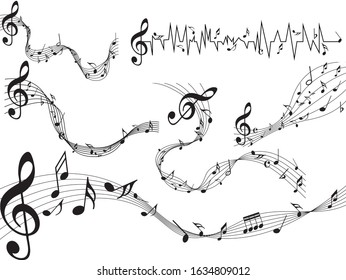 Set Abstract music notes on line wave background. Black G-clef and music notes isolated 