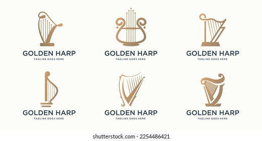 set of abstract musical harp logo lyre symbol collection. golden harp logo design inspiration.