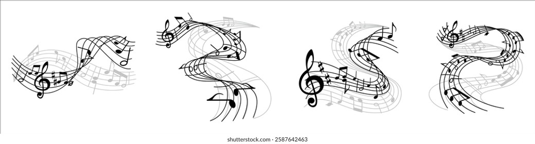 Set of abstract musical notes and flowing melody lines in black and white. Music composition concept