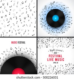 Set of abstract musical patterns with black notes on white background. Vector Illustration for music design. Modern pop concept melody banner. Vinyl record template