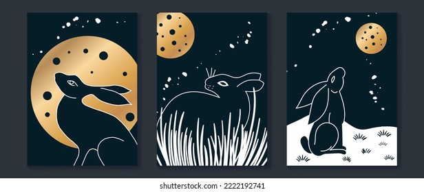 Set of abstract natural element wall art. Collection of rabbit, moon, grass, line art on dark blue background. Design for wall decor, interior, poster, print, cover, wallpaper. Vector illustration.